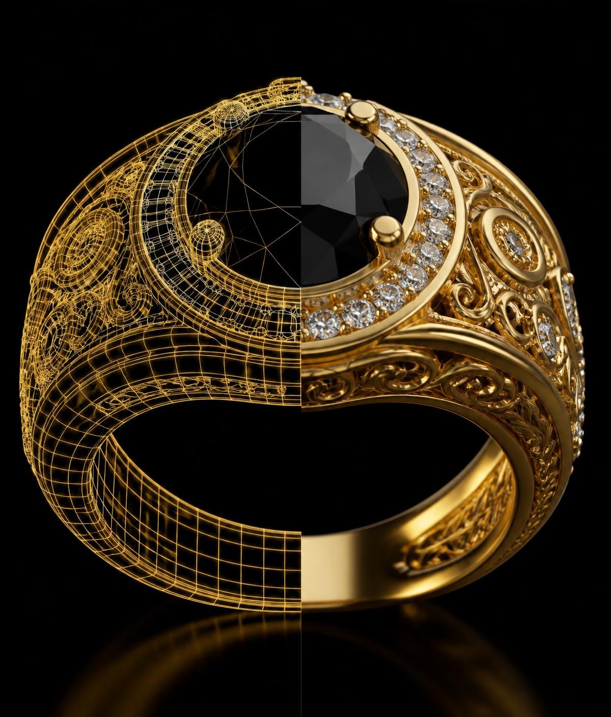 A gold ring shown half as a CAD wireframe and half as a finished render