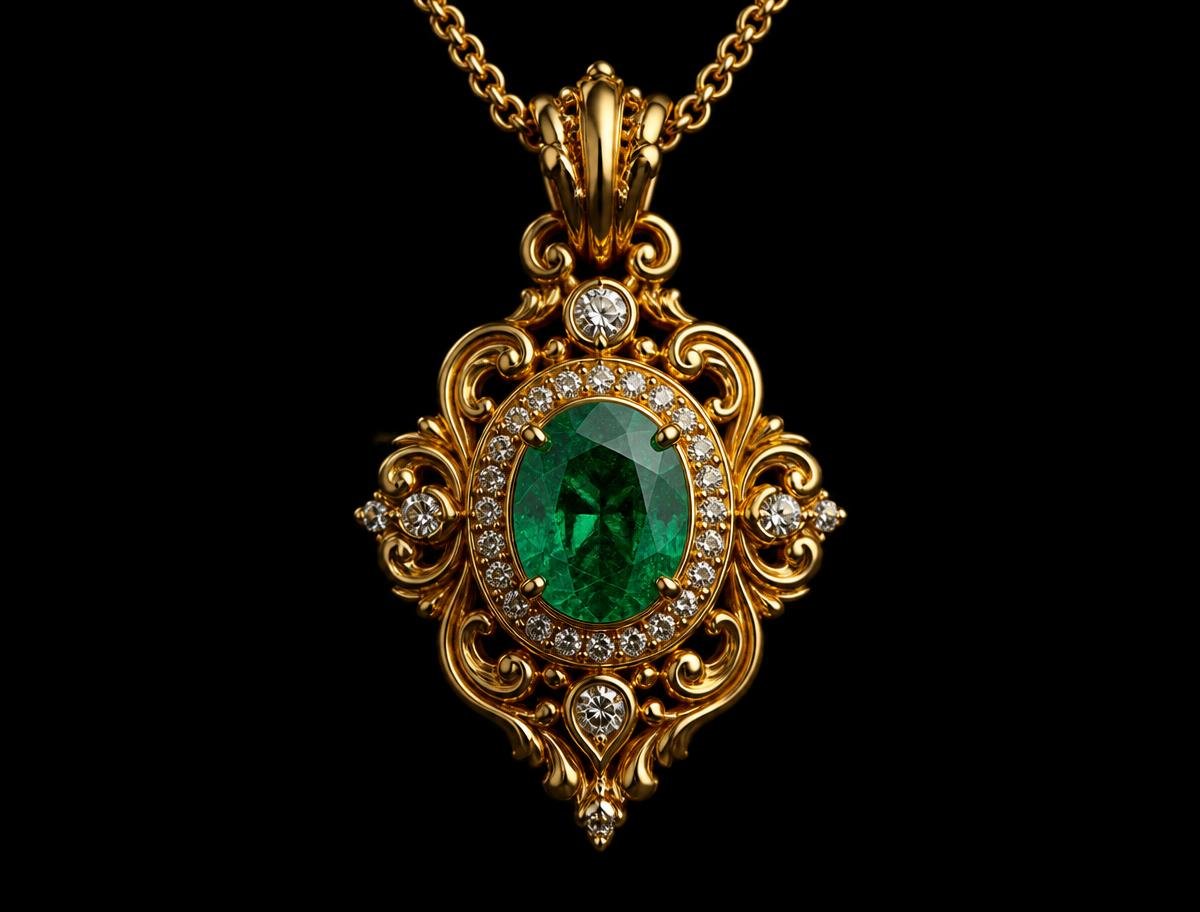 Ornate gold pendant with emerald centre stone